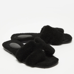 Pre Owned Hermes Black Shearling  Oran Flat Slides Size 37  