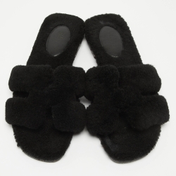 Pre Owned Hermes Black Shearling  Oran Flat Slides Size 37  