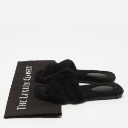 Pre Owned Hermes Black Shearling  Oran Flat Slides Size 37  