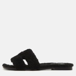 Pre Owned Hermes Black Shearling  Oran Flat Slides Size 37  