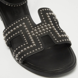 Hermes Black Leather Santorini Ankle Wrap Sandals Size 36