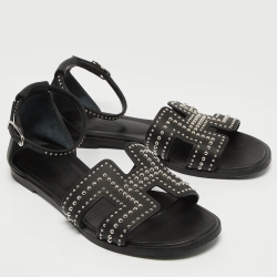 Hermes Black Leather Santorini Ankle Wrap Sandals Size 36