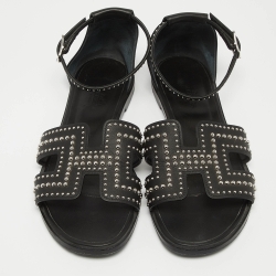 Hermes Black Leather Santorini Ankle Wrap Sandals Size 36