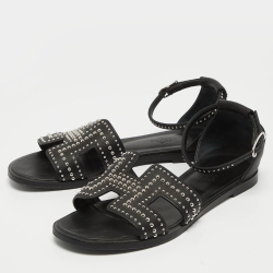 Hermes Black Leather Santorini Ankle Wrap Sandals Size 36