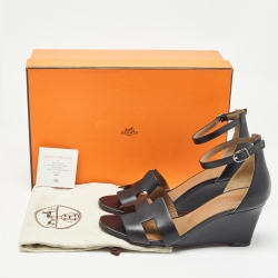 مملوكة مسبقًا Hermes Black Leather Legend Wedge Sandals Size 37