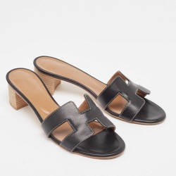 Hermes Black Leather Oasis Sandals Size 37.5