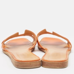 Pre Owned Hermes Orange Leather Oran Flat Slides Size 41