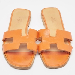 Pre Owned Hermes Orange Leather Oran Flat Slides Size 41