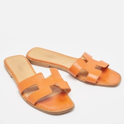 Pre Owned Hermes Orange Leather Oran Flat Slides Size 41