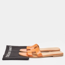 Pre Owned Hermes Orange Leather Oran Flat Slides Size 41