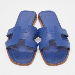 مملوكة مسبقًا Hermès Blue Leather Oran Flat Slides Size 39