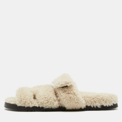 Hermes Off White Shearling Chypre Flat Slides Size 37