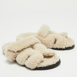 Hermes Off White Shearling Chypre Flat Slides Size 37