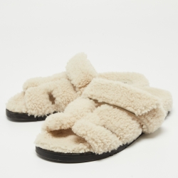 Hermes Off White Shearling Chypre Flat Slides Size 37