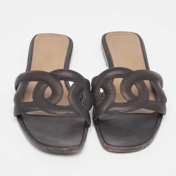مملوكة مسبقًا Hermes Black Leather Aloha Flat Slides Size 40