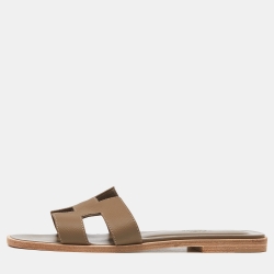 مملوكة مسبقًا Hermes Grey Leather Oran Flat Slides Size 37