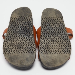 Pre Owned Hermes Brown Leather Chypre Flat Slides Size 39.5
