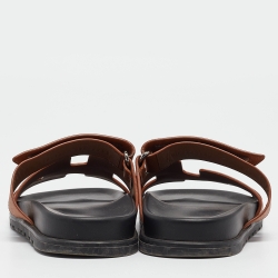 Pre Owned Hermes Brown Leather Chypre Flat Slides Size 39.5