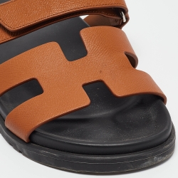 Pre Owned Hermes Brown Leather Chypre Flat Slides Size 39.5