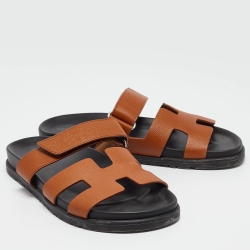 Pre Owned Hermes Brown Leather Chypre Flat Slides Size 39.5