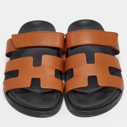 Pre Owned Hermes Brown Leather Chypre Flat Slides Size 39.5