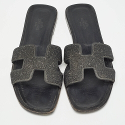 Pre Owned Hermes Black Glitter Oran Flat Slides Size 40