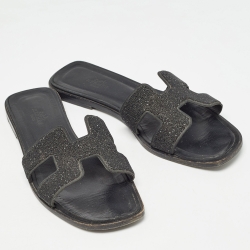 Pre Owned Hermes Black Glitter Oran Flat Slides Size 40