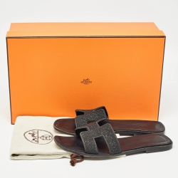 Pre Owned Hermes Black Glitter Oran Flat Slides Size 40