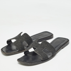 Pre Owned Hermes Black Glitter Oran Flat Slides Size 40