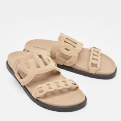 Pre Owned Hermes Light Brown Suede Extra Slides Size 38