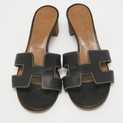 Pre Owned Hermes Black Leather Oasis Slide Sandals Size 37