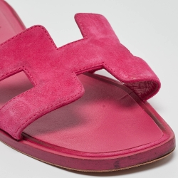 Pre Owned Hermes Pink Suede Oran Flat Slides Size 36.5