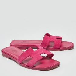 Pre Owned Hermes Pink Suede Oran Flat Slides Size 36.5