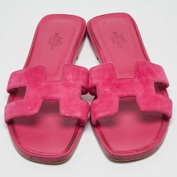 Pre Owned Hermes Pink Suede Oran Flat Slides Size 36.5