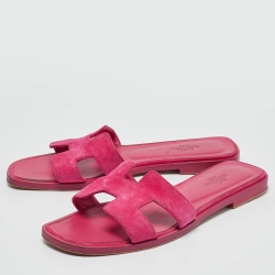 Pre Owned Hermes Pink Suede Oran Flat Slides Size 36.5