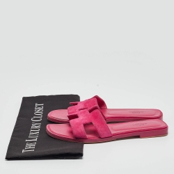 Pre Owned Hermes Pink Suede Oran Flat Slides Size 36.5