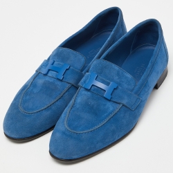 Pre Owned Hermes Blue Suede Paris Loafers Size 38