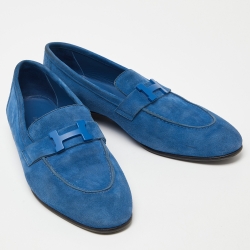 Pre Owned Hermes Blue Suede Paris Loafers Size 38