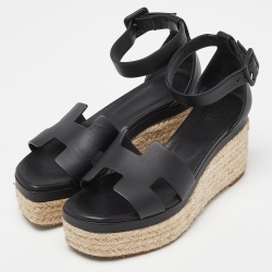 مملوكة مسبقًا Hermes Black Leather Elda Espadrille Sandals Size 37