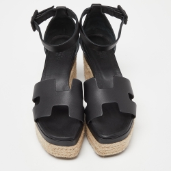 مملوكة مسبقًا Hermes Black Leather Elda Espadrille Sandals Size 37