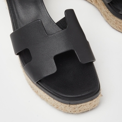 مملوكة مسبقًا Hermes Black Leather Elda Espadrille Sandals Size 37