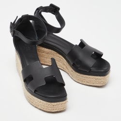 مملوكة مسبقًا Hermes Black Leather Elda Espadrille Sandals Size 37
