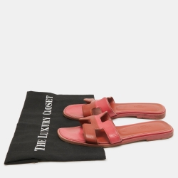 Pre Owned Hermes Pink/Orange Leather Oran Flat Slides Size 36.5