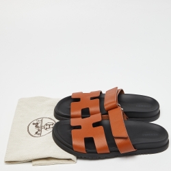 Pre Owned Hermes Tan Leather Chypre Slides Size 38.5