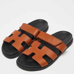 Pre Owned Hermes Tan Leather Chypre Slides Size 38.5