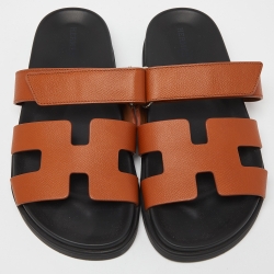 Pre Owned Hermes Tan Leather Chypre Slides Size 38.5