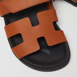 Pre Owned Hermes Tan Leather Chypre Slides Size 38.5