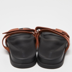 Pre Owned Hermes Tan Leather Chypre Slides Size 38.5