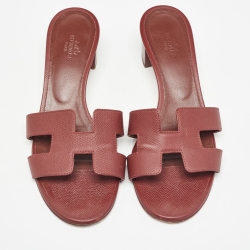 Pre Owned Hermes Burgundy Leather Oasis Slide Sandals Size 37.5 