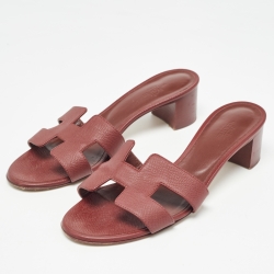 Pre Owned Hermes Burgundy Leather Oasis Slide Sandals Size 37.5 